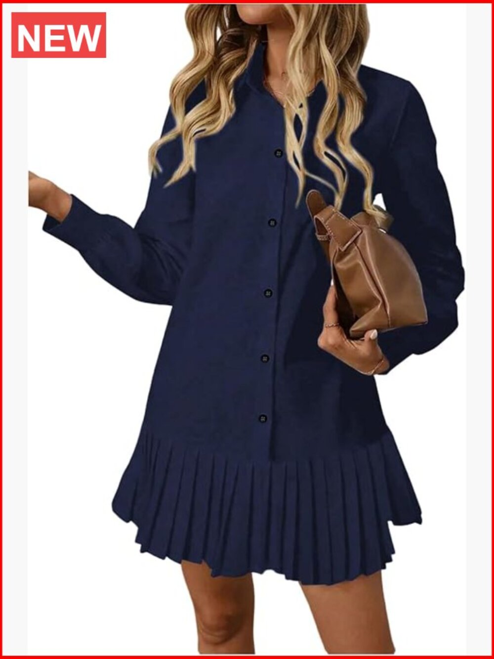 Button Down Shirt Dress Long Sleeve Pleated Swing Mini Dress